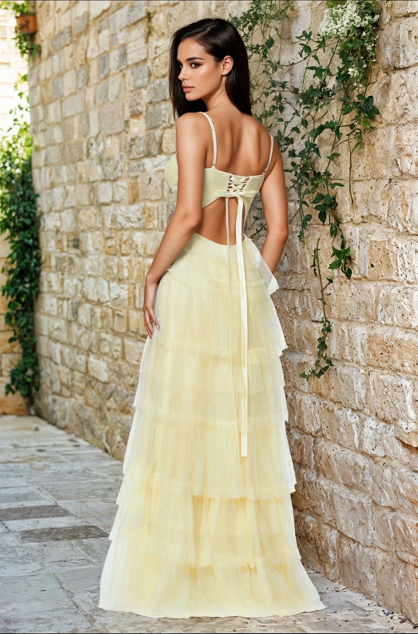 A woman stands on a stone path by a vine-covered wall, looking over her shoulder in the Blondie Nites 4637BN long ruffled prom dress with a lace-up back and sweetheart bodice.